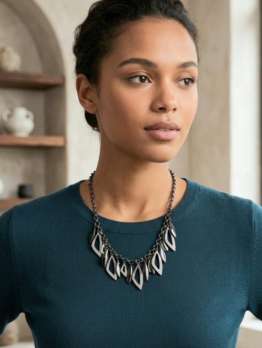 Christopher & Banks Gunmetal and Silver Leaf Drop Necklace NWOT